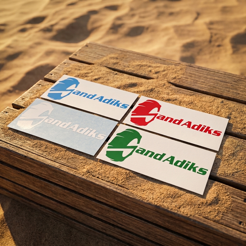 Four Sand Adiks logo stickers in blue, red, green, and silver on a wooden table with sand