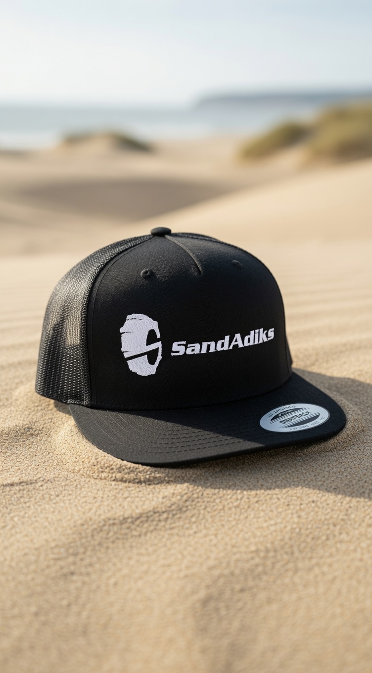 Black Sand Adiks snapback trucker hat with white logo, photographed on Oregon coast dunes